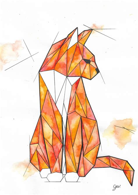 Watercolour Geometric Animal Painting Cat Etsy