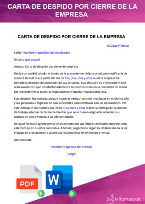 Carta De Despido Por Cierre De Empresa Modelos Word G Vrogue Co