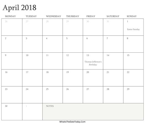 Editable Calendar April 2018 With Holidays Whatisthedatetodaycom