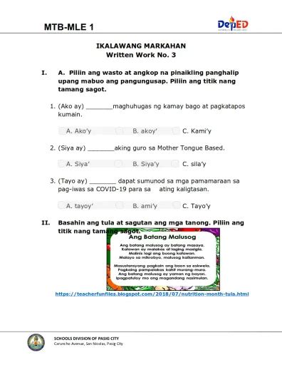 Grade 1 Q2 Mtb Mle Written Work 3 Interactive Worksheet Edform