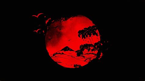 Red Moon Illustration Japanese Sun Drawing Fallen Angel 1080p Wallpaper Hdwallpaper