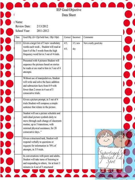 An Example Of An Easy To Use Data Record Sheet Based On Iep Goals And