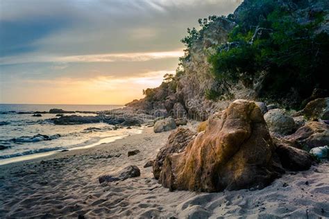 Notos Beach With Rocks In Thassos Island During Sunset Stock Photo
