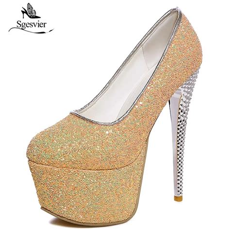 sgesvier bling shoes woman fashion thin high heels 16cm pumps shallow round toe platform pumps