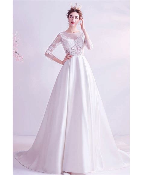 Aline Lace 34 Sleeves Satin Wedding Dress With Train Wholesale T16009