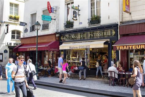 Rue Montorgueil Street View In Paris France During Summer With Tourists