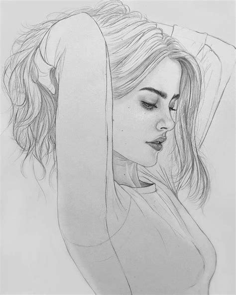 A Pencil Drawing Of A Woman With Her Arms Behind Her Head