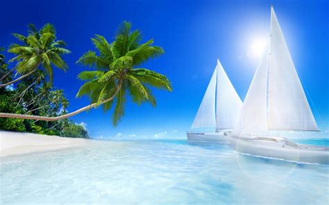 Tropical Landscape Ocean Islands Beaches Palm Trees Boats
