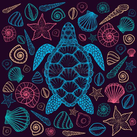 Sea Turtle And Shells In Line Art Style Hand Drawn Vector Illustration