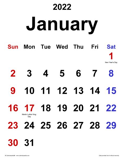 January 2022 Vertical Calendar