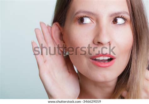 Photo De Stock Gossip Girl Eavesdropping Hand Ear Woman 346629059