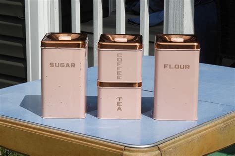 Vintage Kitchen Canisters 4 Pink And Copper Lincoln Beautyware Square