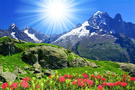 Free Download Dazzling Sun Over The Mountain Rocks Glow Sun Grass