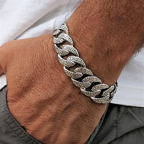 Mens For Man 925 Sterling Silver Lizard Skin Chain Link Bracelet Black
