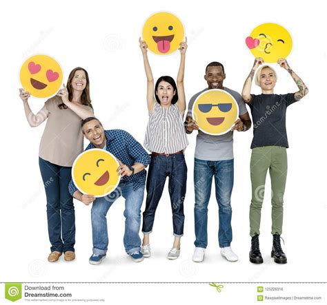 Diverse Happy People Holding Happy Emoticons Stock Photo Image Of