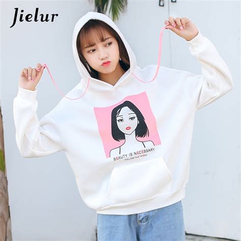 Jielur 2018 Korean Pop Harajuku Cute Girl Printing Loose Sweatshirt For Women Hooded Fleece