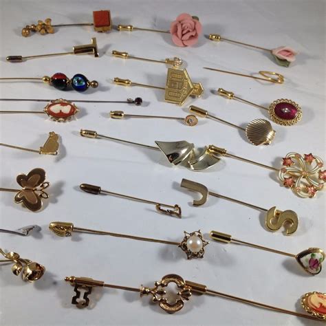 Lot Of 25 Vintage Stick Pins Rhinestone Enamel Mixed Costume Jewelry