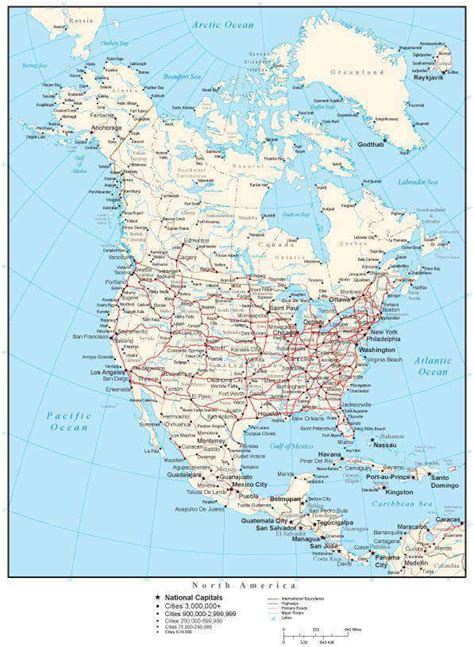 North America Map Single Color With Countries Cities And Roads