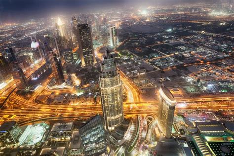 Dubai December 4 2016 Aerial View Of Downtown Dubai At Night Stock