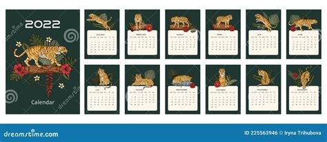 Tiger Calendar Cartoon Printable A4 Vector Illustration Stock Vector
