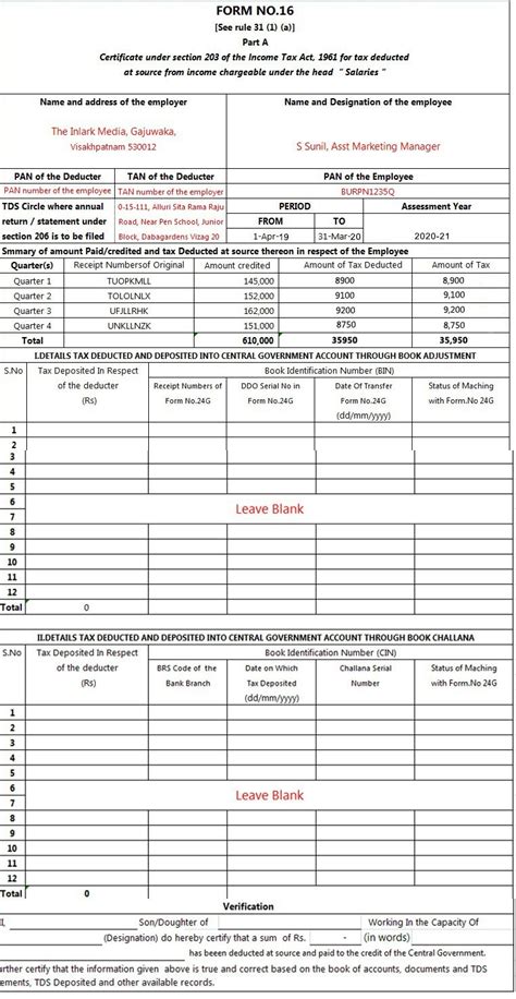 Form 16 Excel Format For Ay 2021 22 Fy 2020 21 Free Download