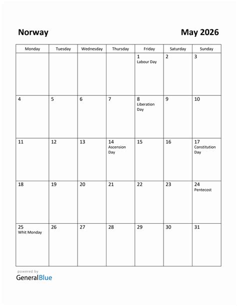 Free Printable May 2026 Calendar For Norway