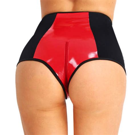 Womens Wetlook Leather Underwear Shorts Zipper Crotch Surspender Panties Briefs Ebay