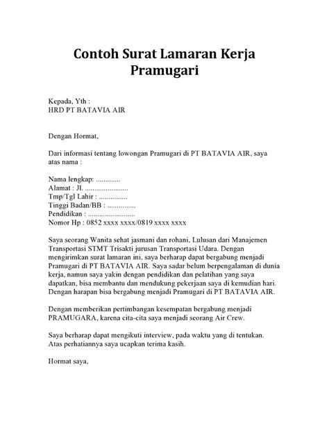 Contoh Surat Lamaran Training Di Hotel Bahasa Indonesia Contoh Surat