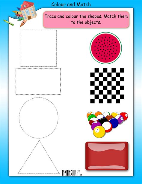 They include exercises on tracing, drawing, naming and identifying 2d shapes, recognizing the difference between 2d and 3d shapes, and comparing shapes to real life objects. LKG Math Worksheets - Page 2