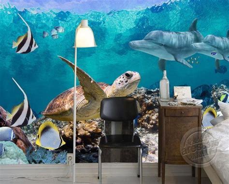 This delightful garden wall art captures a quartet of turtle sea turtle hatchlings finding their bearings in the cool blue waves of the ocean. Underwater Scene Fish Sea Turtle Dolphins 3D Wallpaper ...