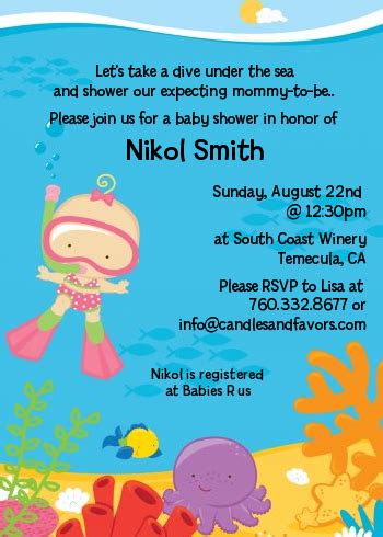 Under the sea baby shower invitations unisex red blue whale crab fish octopus seahorse turtle fish starfish underwater life bubble nautical custom printed invites these invites are thick and of great quality. Under the Sea Baby Girl Snorkeling Baby Shower Invitations ...