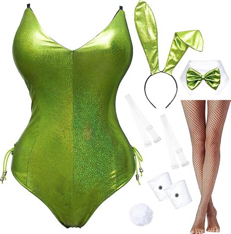Womens Bunny Girl Holographic Shining Suit Sparkle Costume Senpai Cosplay Bodysuit
