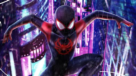 Ilustración De Spiderman Negro En Ciudad Fondo De Pantalla 4k Ultra Hd