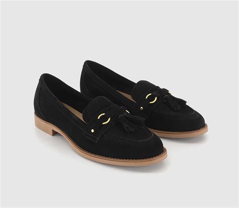Office Founder Leather Trim Tassel Loafers Black Suede Flat Shoes For