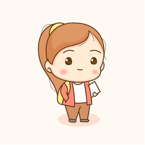 Cute Girl Young Student Chibi Cartoon Character Flat Vector