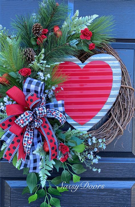 Valentines Wreath Farmhouse Valentine Door Wreath Red Heart Wreath