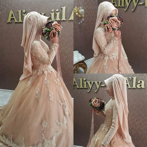 2017 Arabic Long Sleeve Champagne Muslim Wedding Dresses Turkey Caftan Ball Gown Turkish Islamic