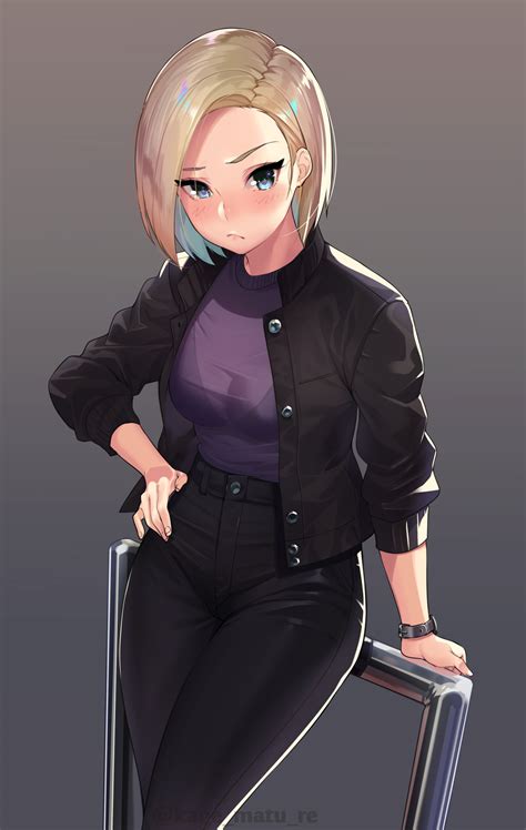 the big imageboard tbib 1girl against railing android 18 black jacket black pants blonde
