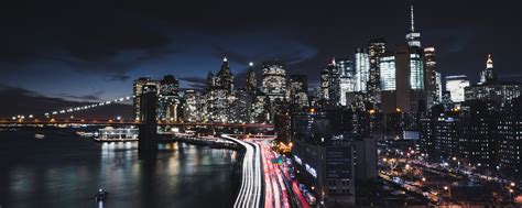 Download 2560x1024 Wallpaper New York City Night Road Buildings