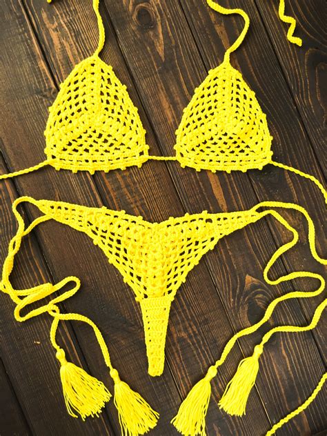 See Through Micro Bikini Yellow Crochet Thong Bikini Set Etsy My Xxx