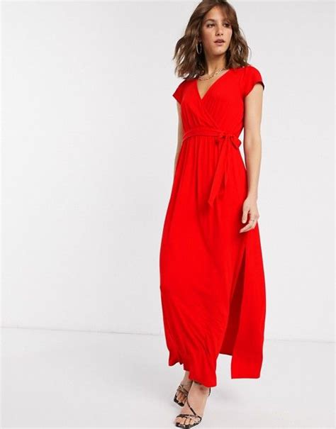 Asos Design Tie Waist Wrap Front Maxi Dress In Red Asos Maxi Dress