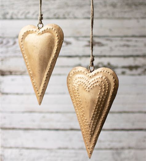 Hanging Antique Brass Metal Hearts Set Of 2 Trees Ornaments