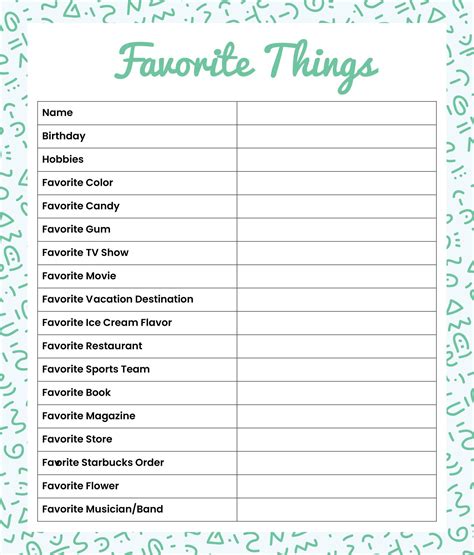 10 Best My Favorite Things Template Printable Favorite Things List Template Printable