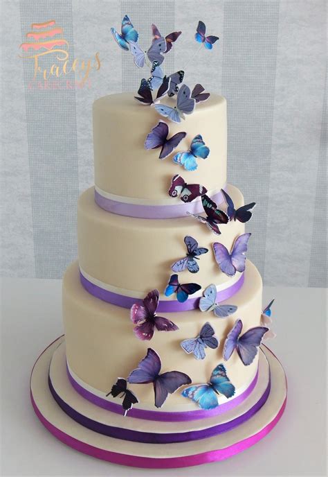 Wedding Cake With Purple Lilac Cascade Of Butterflies Butterfly