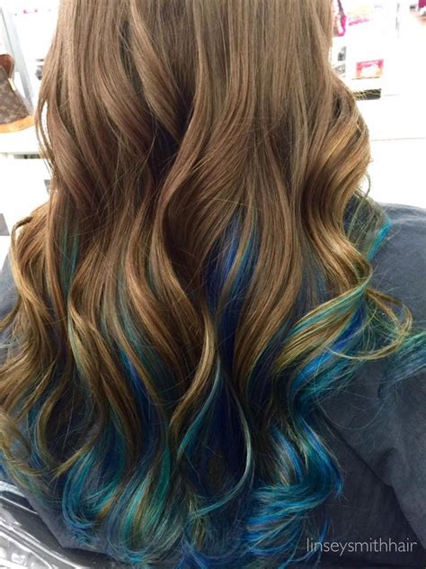 Brown Hair With Blue Peekaboos Blue Hair Highlights Blue Ombre Hair
