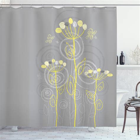 Grey And Yellow Shower Curtain Under The Sea Inspired Flowers Abstract