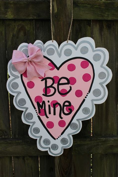 Be Mine Valentines Wooden Heart Door Hanger Etsy Valentines Door