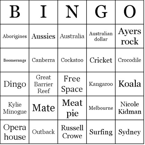 Australia Bingo Cards