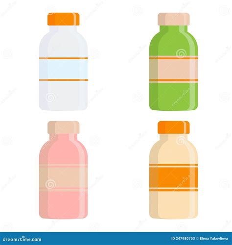 Medical Bottle With Different Color Label Vector Flat Illustration