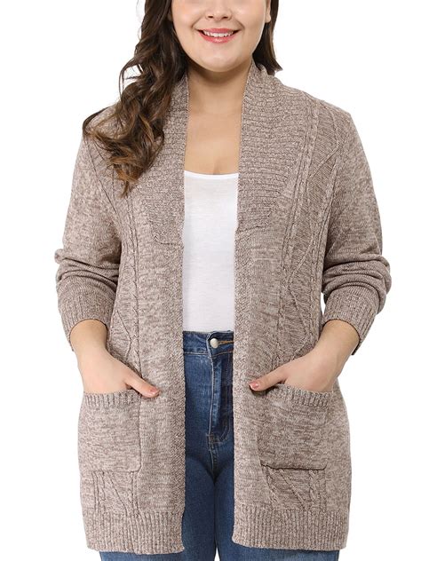 Womens Plus Size Two Pockets Open Front Sweater Cardigan
